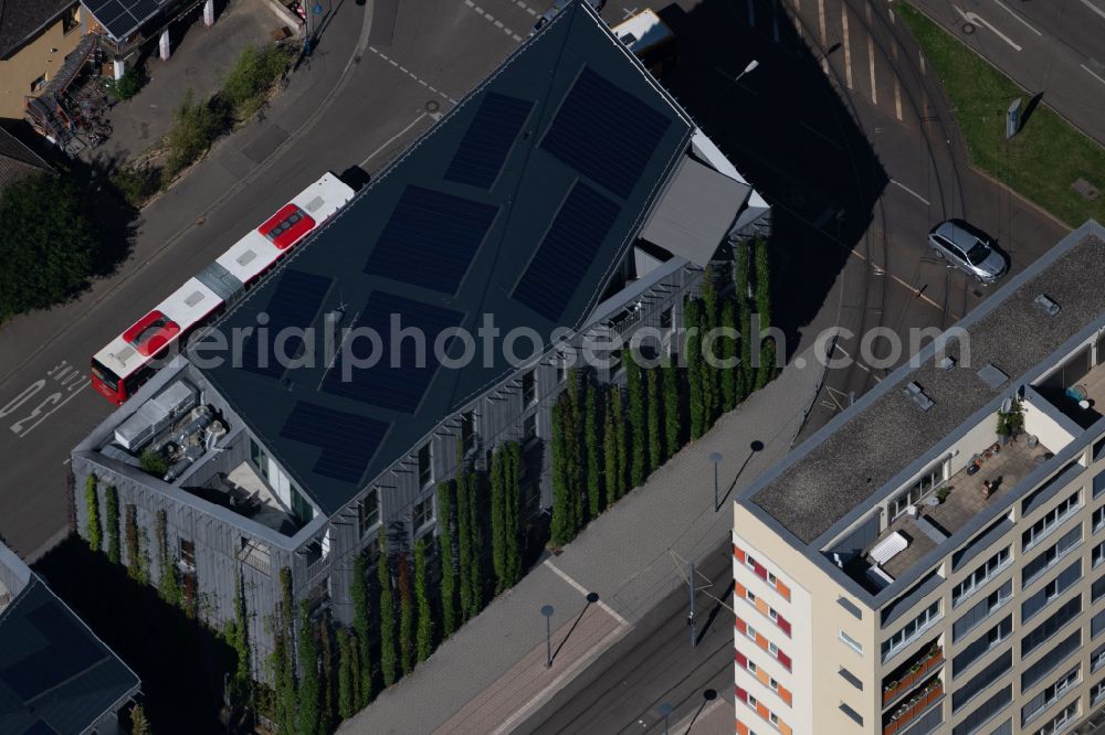 Freiburg im Breisgau from above - Building complex of the hotel complex GREEN CITY HOTEL VAUBAN with green exterior facade on Paula-Modersohn-Platz in Freiburg im Breisgau in the state Baden-Wuerttemberg, Germany