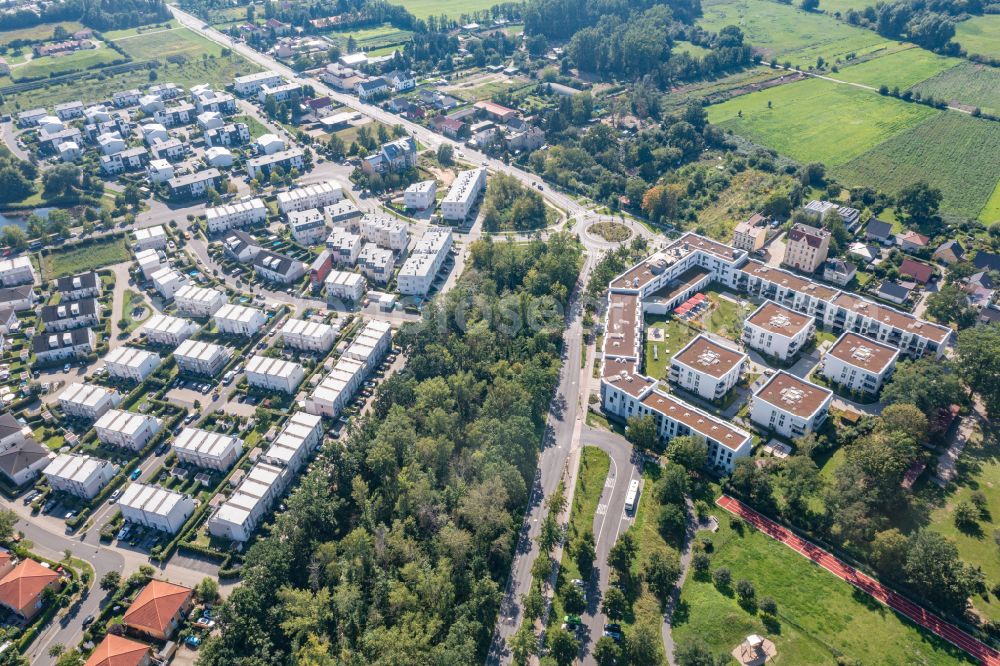 Teltow from above - Complex of the hotel building Grimm's Berlin-Potsdam in Teltow in the state Brandenburg, Germany