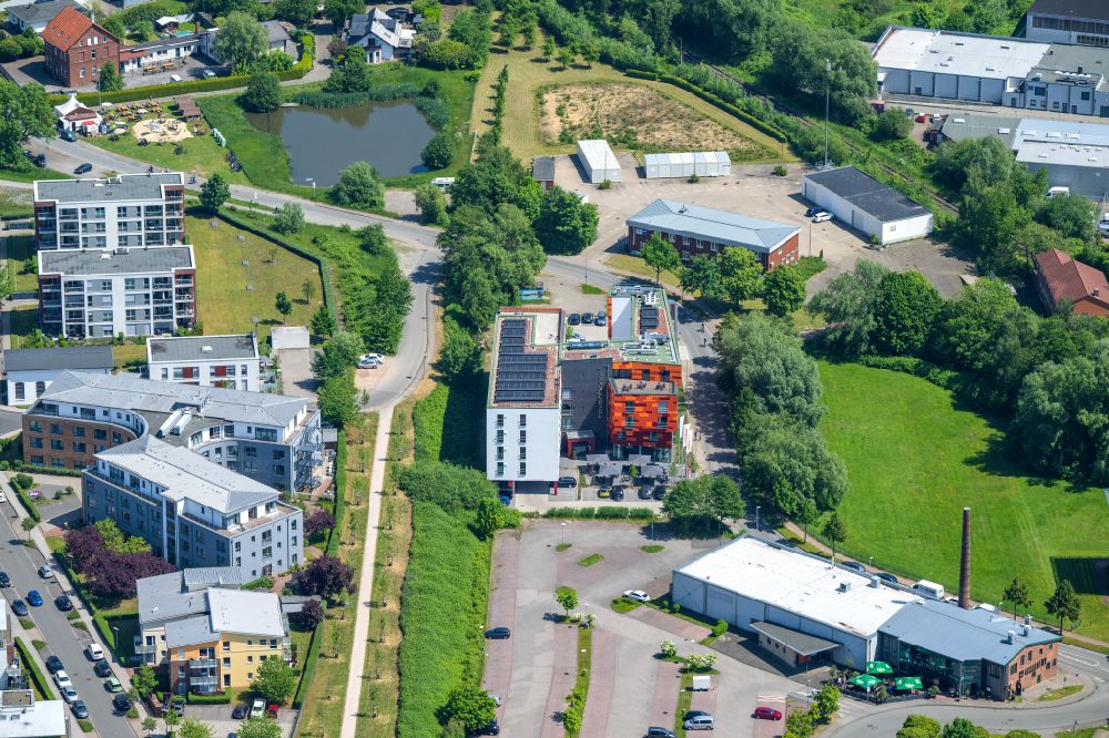Stade from above - Complex of the hotel building Havenhostel in Stade in the state Lower Saxony, Germany