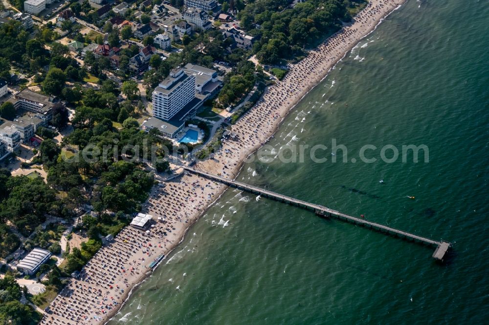 Timmendorfer Strand from above - High-rise building of the hotel complex Maritim Seehotel Timmendorfer Strand with a view of the beach and pier in Timmendorfer Strand in the state Schleswig-Holstein, Germany