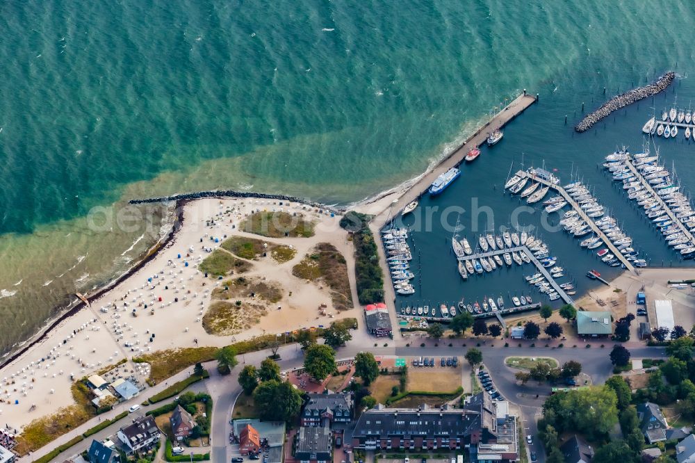 Aerial image Strande - Building complex of the hotel complex ACQUA Strande Yacht Hotel and Restaurant on the Baltic Sea beach on Strandstrasse in Strande in the state Schleswig-Holstein, Germany