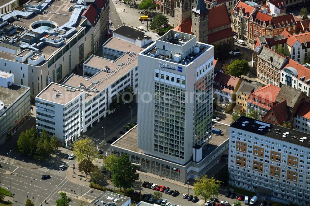 Erfurt from above - High-rise building of the hotel complex of Radisson Blu Hotel on Juri-Gagarin-Ring in the district Altstadt in Erfurt in the state Thuringia, Germany