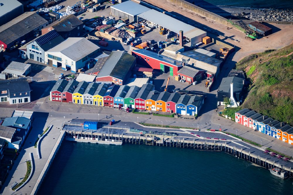 Helgoland from the bird's eye view: Hummerbuden port facilities on the shores of the harbor of in Helgoland in the state Schleswig-Holstein, Germany