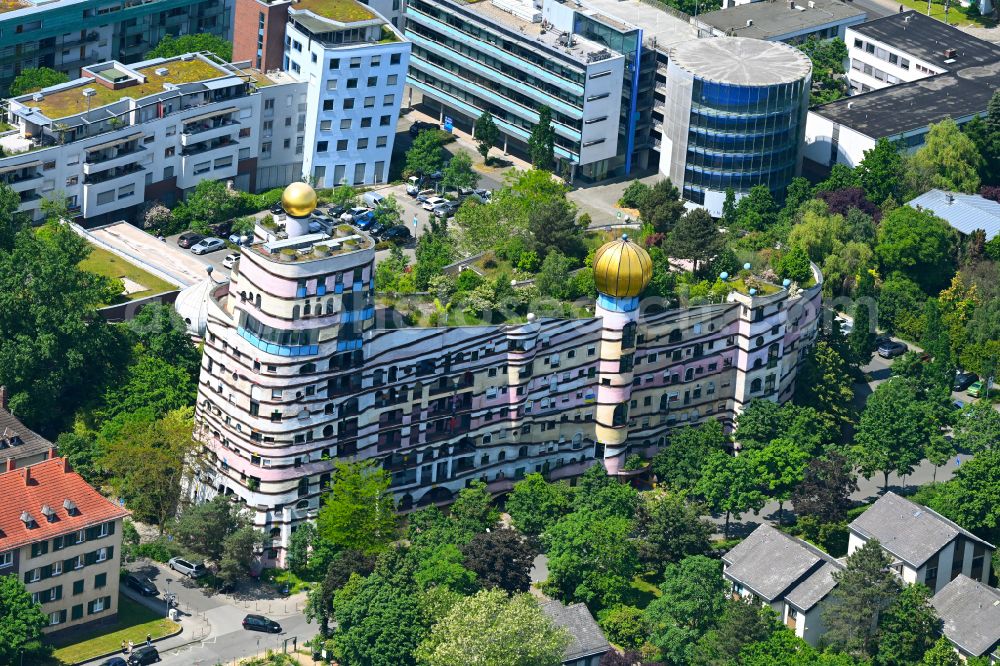 Aerial image Darmstadt - Hundertwasser Building of a multi-family residential building Waldspirale in Darmstadt in the state Hesse, Germany