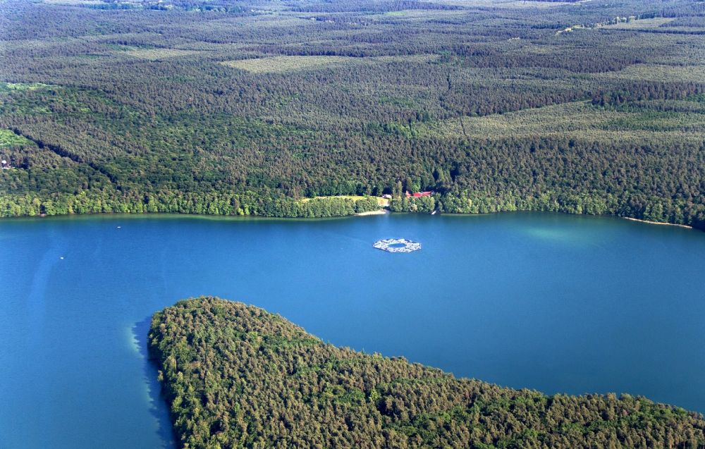 Aerial image Stechlin - Sea laboratory on the water surface of the Stechlinsee in the state of Brandenburg