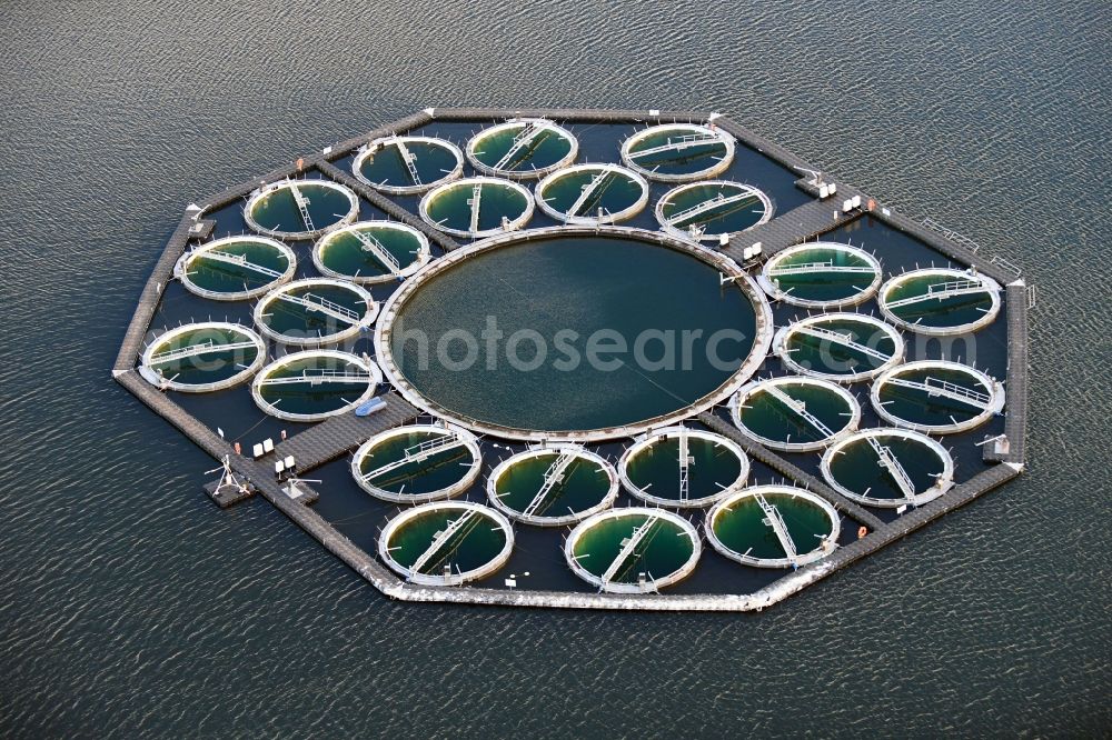 Stechlin from above - Sea laboratory on the water surface of the Stechlinsee in the state of Brandenburg