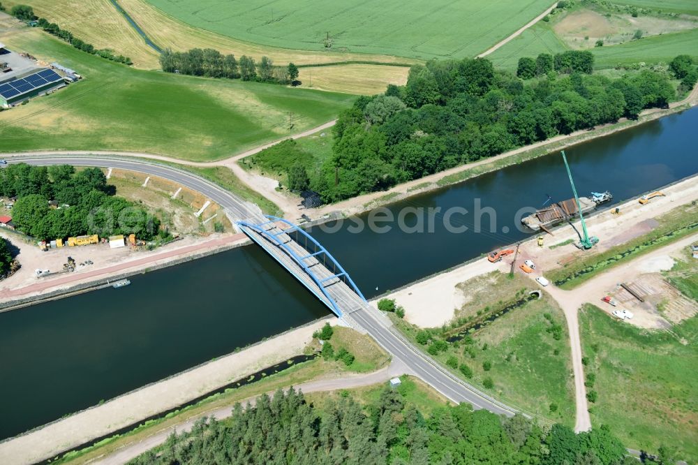 Aerial photograph Ihleburg - Ihleburger bridge and deposition surfaces at the riverside of the Elbe-Havel Canal near by Ihleburg in Saxony-Anhalt
