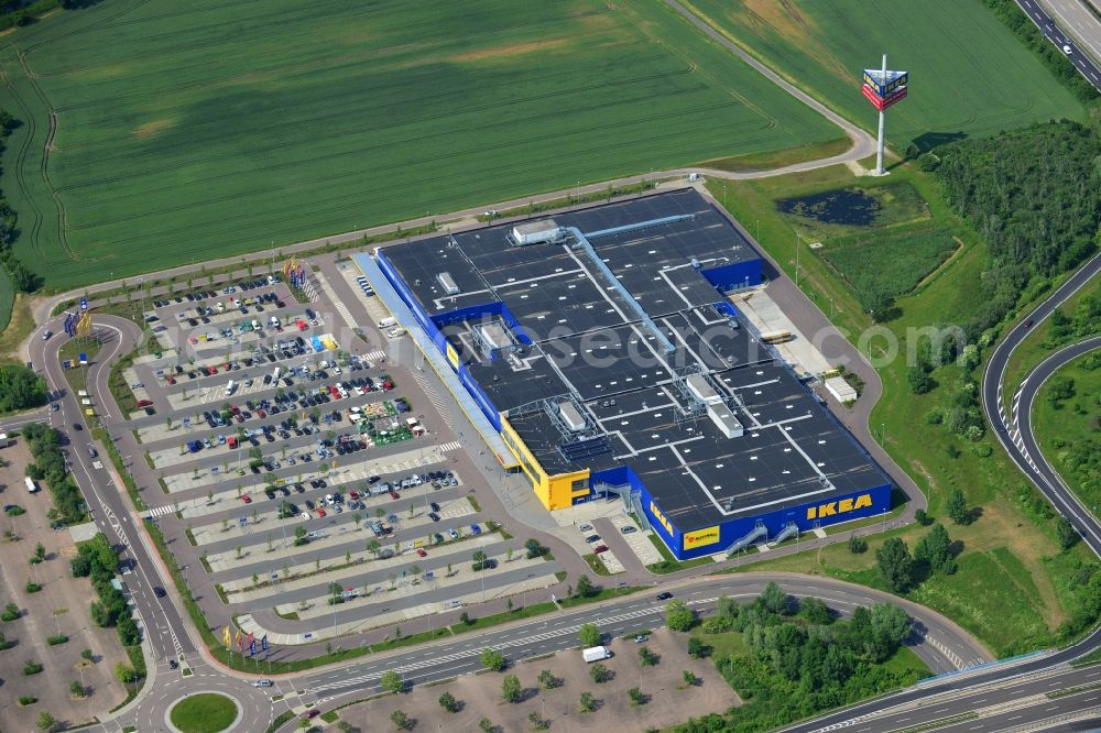 Aerial image Leuna OT Günthersdorf - View of the IKEA furniture store / furniture store Leipzig / Halle in Guenthersdorf in Saxony-Anhalt