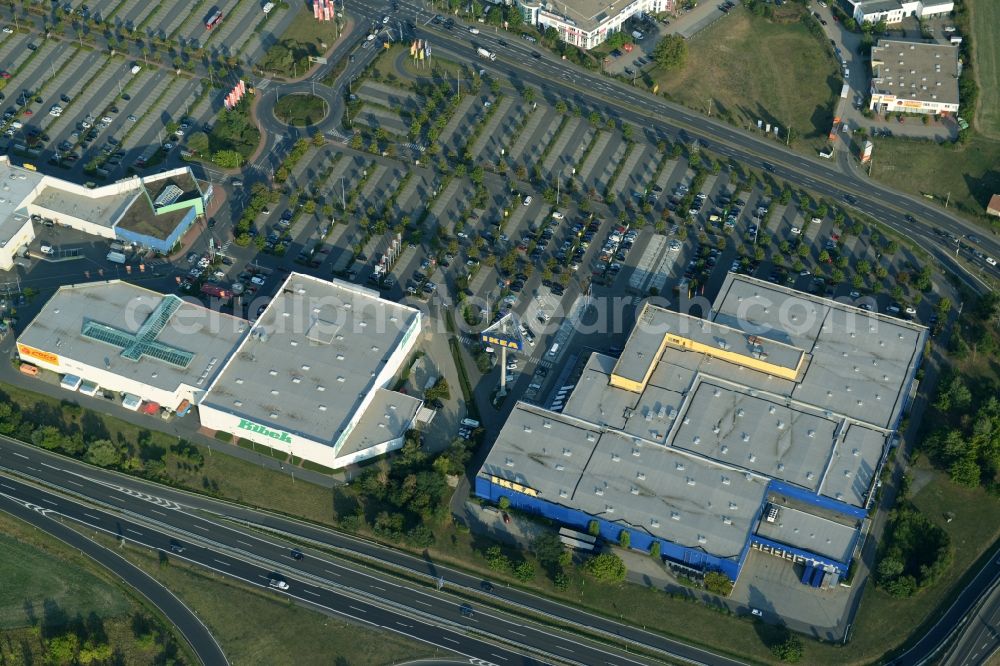 Waltersdorf from the bird's eye view: Building of the store - furniture market IKEA Einrichtungshaus Berlin-Waltersdorf am Rondell in Waltersdorf in the state Brandenburg