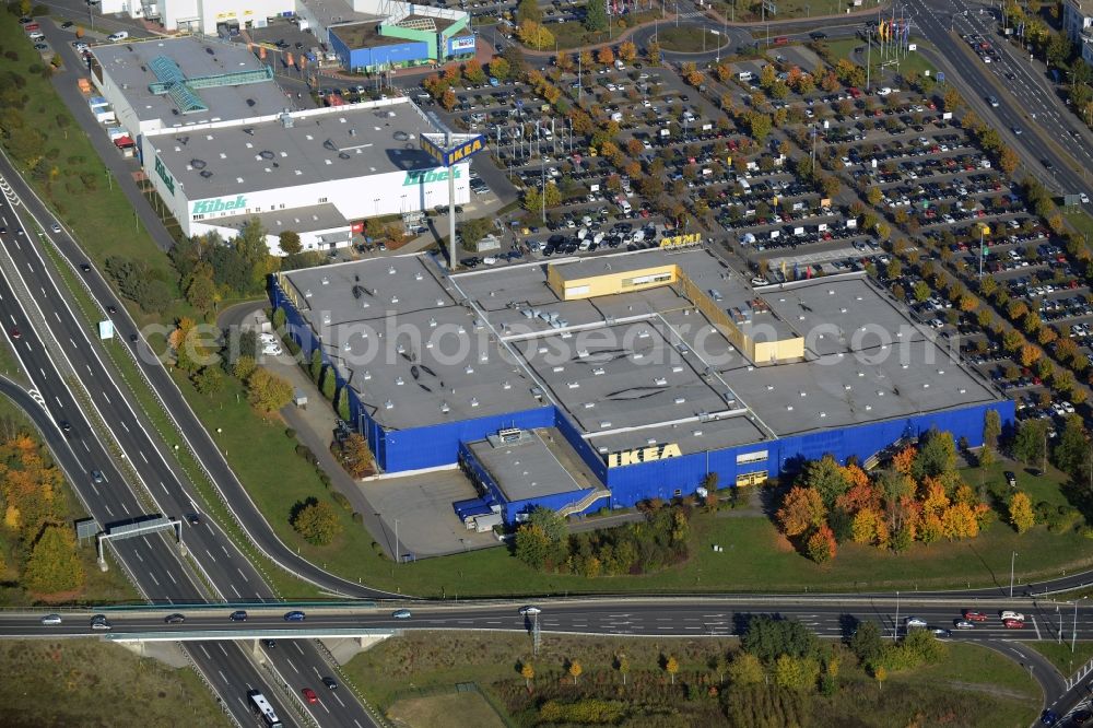 Waltersdorf from above - Building of the store - furniture market IKEA Einrichtungshaus Berlin-Waltersdorf am Rondell in Waltersdorf in the state Brandenburg