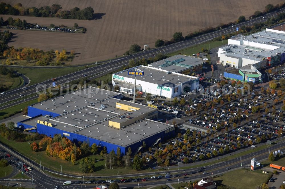 Waltersdorf from the bird's eye view: Building of the store - furniture market IKEA Einrichtungshaus Berlin-Waltersdorf am Rondell in Waltersdorf in the state Brandenburg