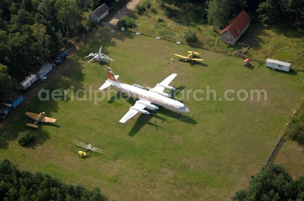 Aerial image Borkheide - IL-18 DDR-STE of GDR- airline INTERFLUG on exhibition grounds of the Hans Grade Museum with airplanes and helicopers at Postway in Borkheide in the state Brandenburg