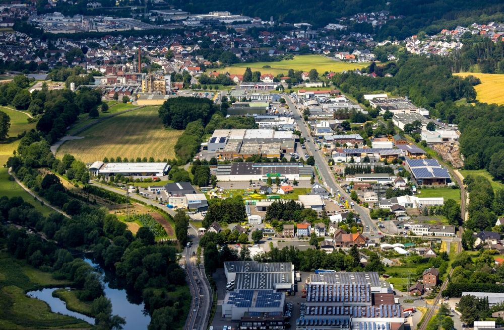 Arnsberg from above - Industrial and commercial area on Niedereimerfeld in Arnsberg in the state North Rhine-Westphalia, Germany