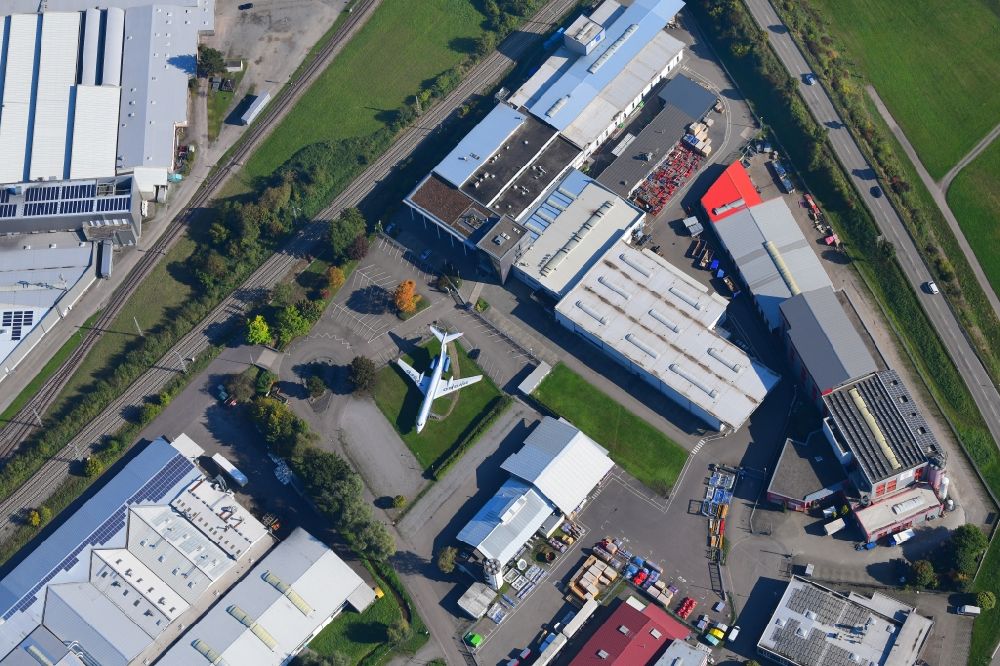 Aerial image Biberach - Factory premises of Hydro Systems KG with the display of an Tupolew Tu-134A in the industrial and commercial area in Biberach in the state Baden-Wurttemberg, Germany