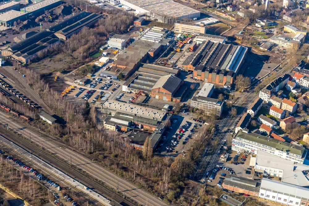 Bochum from above - Industrial and commercial area along the Bessemerstrasse overlooking the work premises of the Heintzmann Holding GmbH and a continuing education center in Bochum in the state North Rhine-Westphalia, Germany