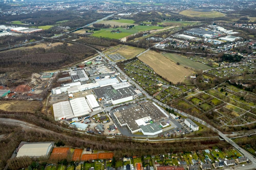 Bottrop from above - Industrial and commercial area along the Scharnhoelzstrasse in Bottrop in the state North Rhine-Westphalia, Germany