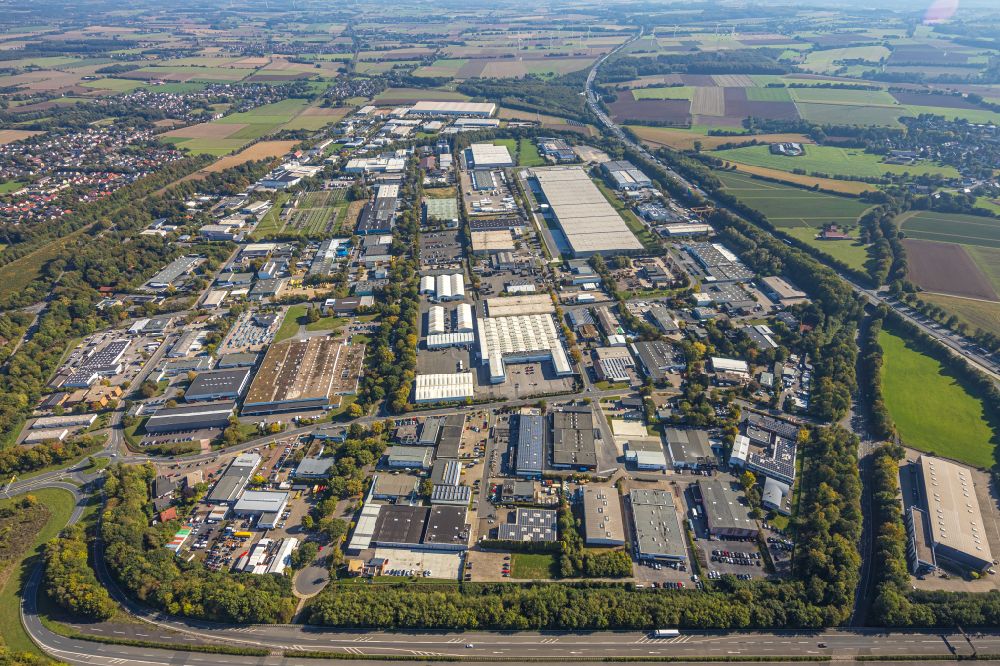 Unna from the bird's eye view: industrial and commercial area on Einsteinstrasse - Alfred-Nobel-Strasse in the district Industriepark Unna in Unna at Ruhrgebiet in the state North Rhine-Westphalia, Germany