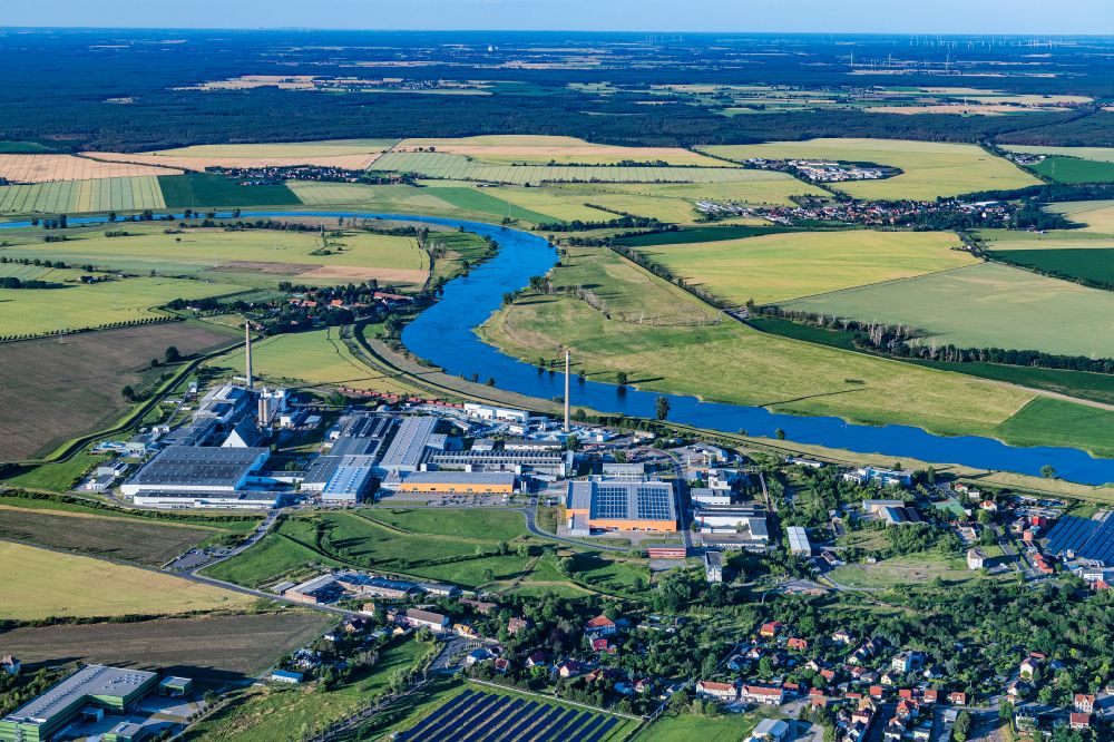 Torgau from the bird's eye view: Industrial and commercial area on the Elbe river in Torgau in the state Saxony, Germany