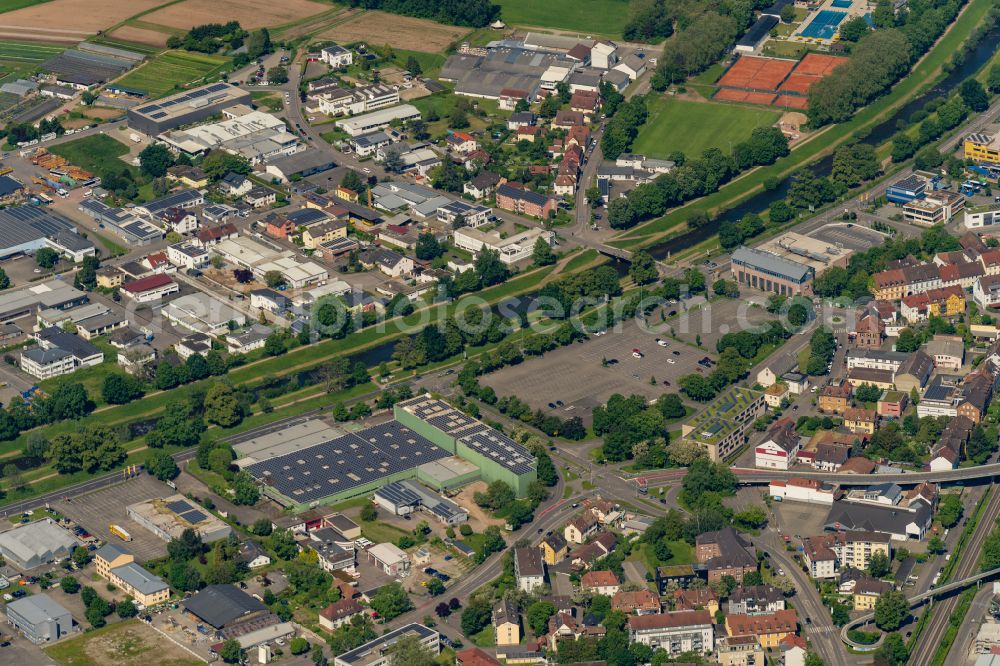 Emmendingen from the bird's eye view: Industrial and commercial area on Elzdonm in Emmendingen in the state Baden-Wurttemberg, Germany
