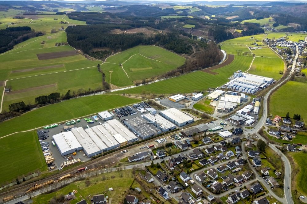 Am Stöppelsweg from above - Industrial and commercial area along the Industriestrasse overlooking the residential areas in Am Stoeppelsweg in the state North Rhine-Westphalia, Germany