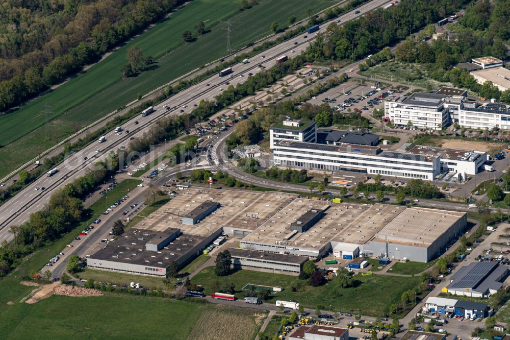 Aerial image Ettlingen - Industrial and commercial area in Ettlingen in the state Baden-Wuerttemberg, Germany