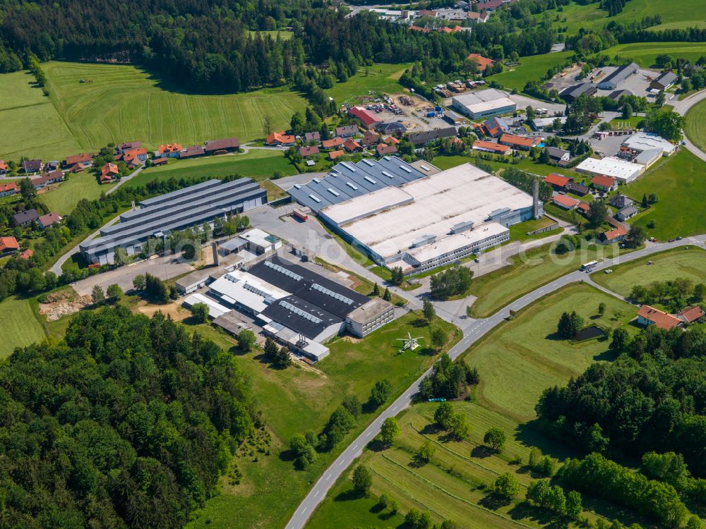 Freyung from above - Industrial and commercial area of Firmen Hirschmann Automotive GmbH, FM Textilhandels GmbH and the Max Fuchs AG in the district Speltenbach in Freyung in the state Bavaria, Germany
