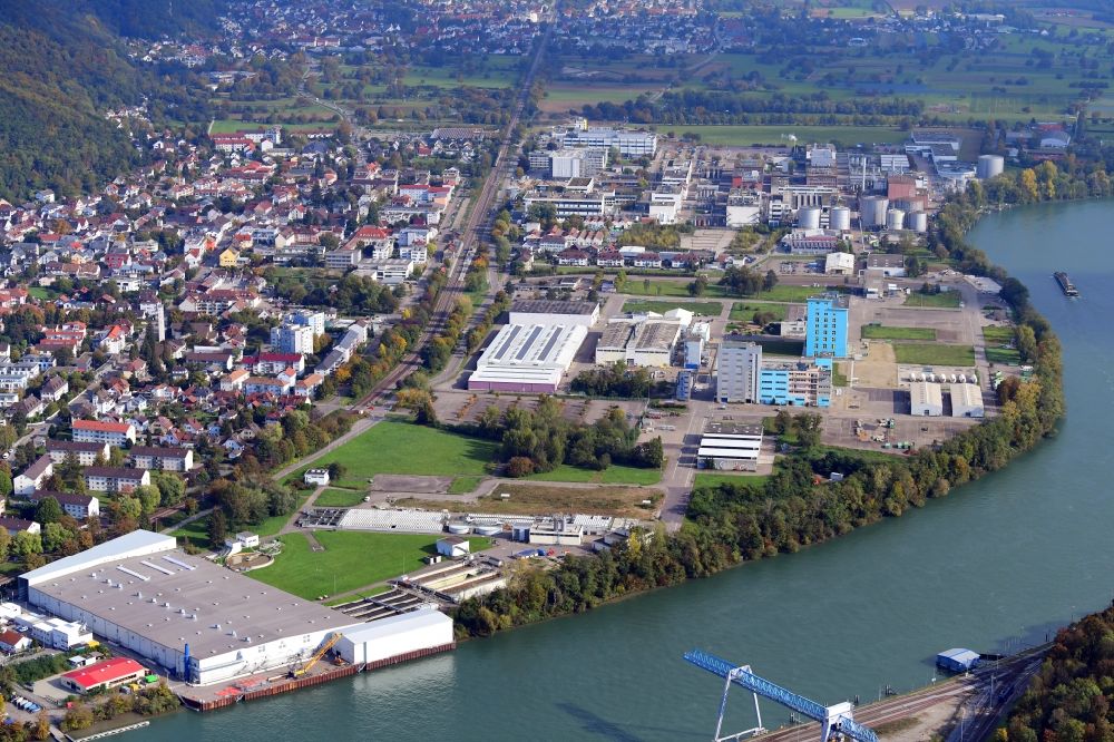 Grenzach-Wyhlen from above - Industrial and commercial area of the companies Roche and DSM Nutritional Products in Grenzach-Wyhlen in the state Baden-Wuerttemberg, Germany