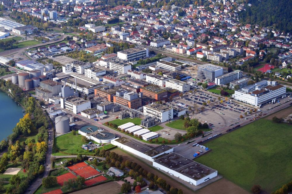 Aerial image Grenzach-Wyhlen - Industrial and commercial area of the companies Roche and DSM Nutritional Products in Grenzach-Wyhlen in the state Baden-Wuerttemberg, Germany