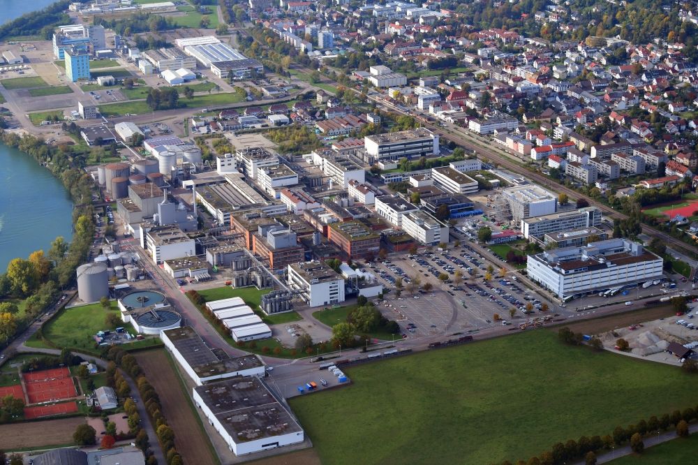 Aerial photograph Grenzach-Wyhlen - Industrial and commercial area of the companies Roche and DSM Nutritional Products in Grenzach-Wyhlen in the state Baden-Wuerttemberg, Germany
