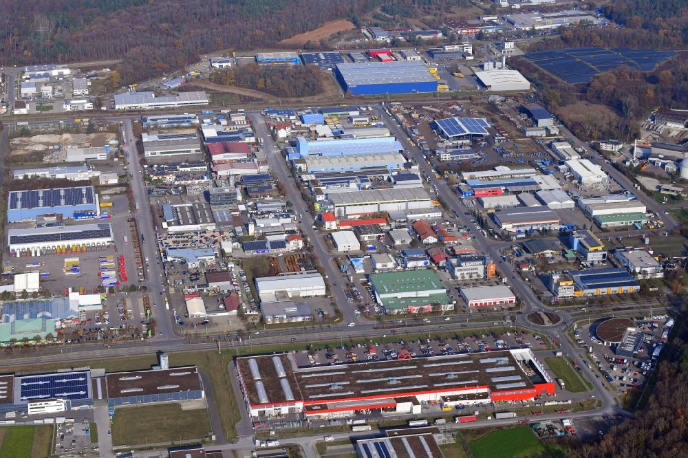 Singen (Hohentwiel) from above - Industrial and commercial area on Georg-Fischer-Strasse in Singen (Hohentwiel) in the state Baden-Wuerttemberg, Germany