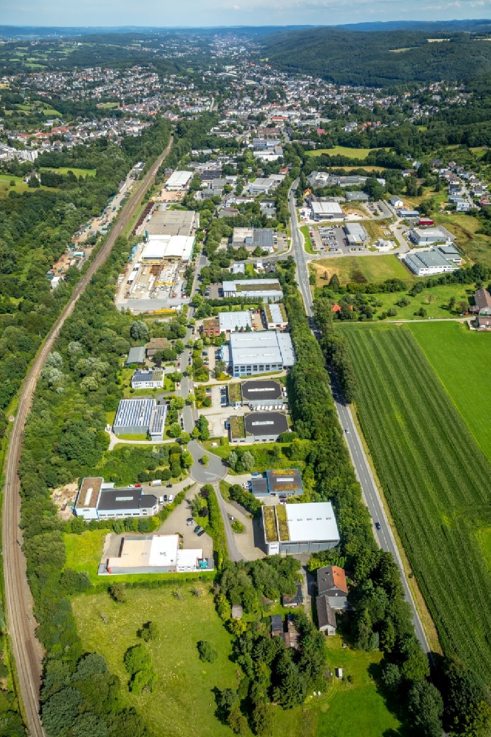 Aerial image Gevelsberg - Industrial and commercial area along the Rosendahler Strasse - Gewerbestrasse in Gevelsberg in the state North Rhine-Westphalia, Germany
