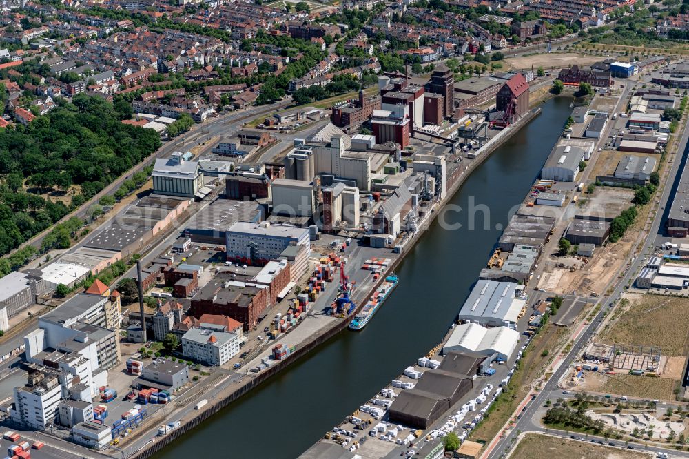 Bremen from above - Industrial and commercial area on Hafenbecken of Weser in the district Ueberseestadt in Bremen, Germany
