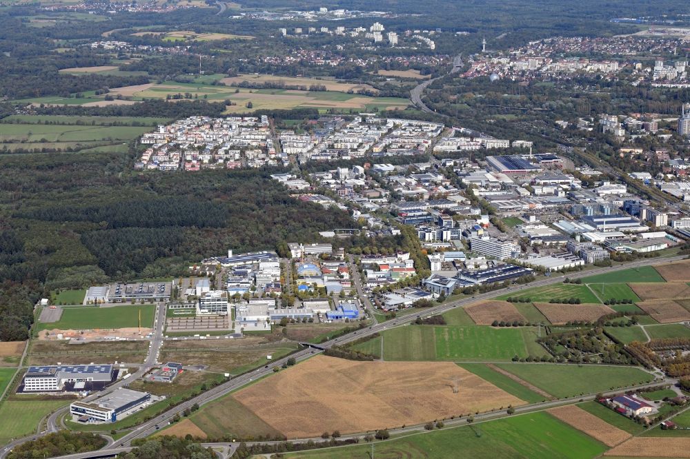 Freiburg im Breisgau from above - Industrial and commercial area Haid and behind it district Rieselfeld and Dietenbach in Freiburg im Breisgau in the state Baden-Wurttemberg, Germany