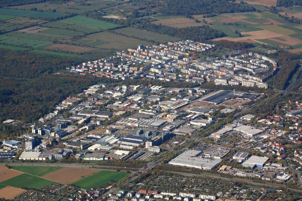 Freiburg im Breisgau from the bird's eye view: Industrial and commercial area Haid and behind it district Rieselfeld in Freiburg im Breisgau in the state Baden-Wurttemberg, Germany