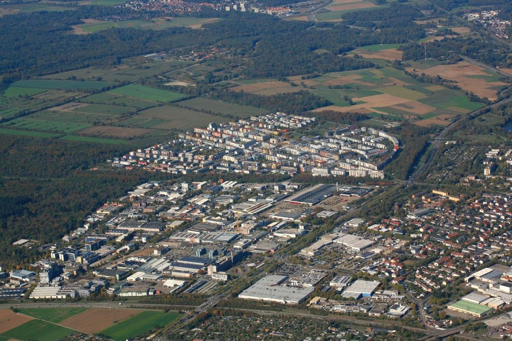Aerial image Freiburg im Breisgau - Industrial and commercial area Haid, district Rieselfeld and behind it the planning area for the new district Dietenbach in Freiburg im Breisgau in the state Baden-Wurttemberg, Germany