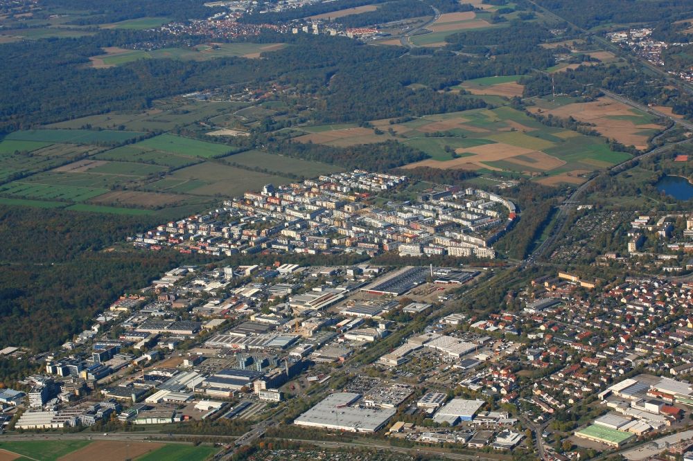 Aerial photograph Freiburg im Breisgau - Industrial and commercial area Haid, district Rieselfeld and behind it the planning area for the new district Dietenbach in Freiburg im Breisgau in the state Baden-Wurttemberg, Germany