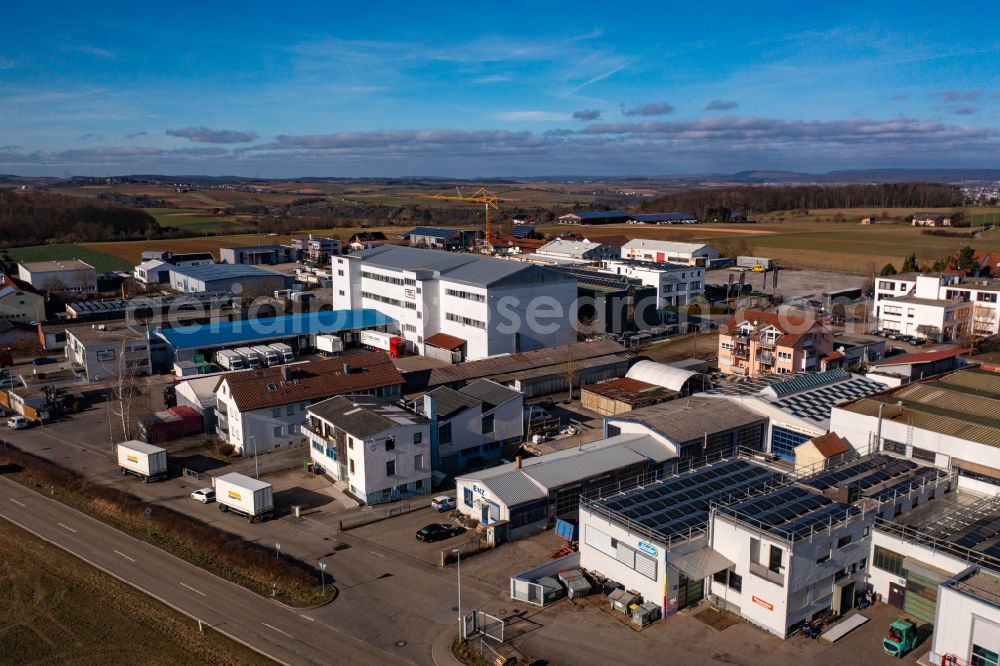 Aerial image Hochdorf - Industrial and commercial area on street Industriestrasse in Hochdorf in the state Baden-Wuerttemberg, Germany