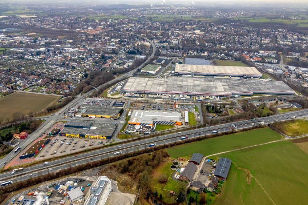 Aerial image Kamen - Industrial and commercial area along the Unnaer Strasse in Kamen at Ruhrgebiet in the state North Rhine-Westphalia, Germany