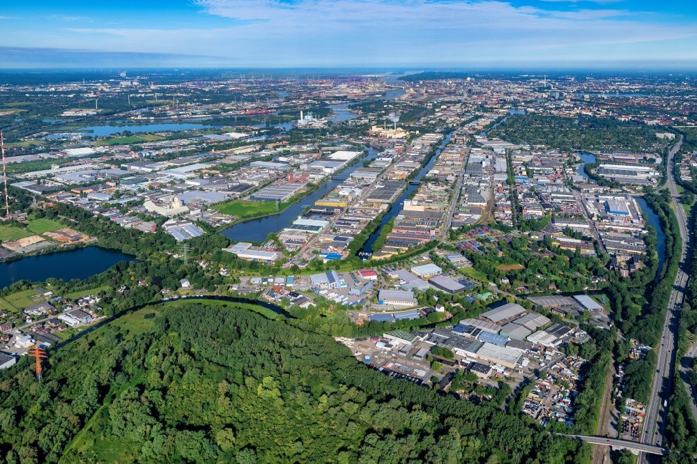 Aerial photograph Hamburg - Industrial and commercial area Liebigstrasse - Moorfleeter Strasse - Ring 2 - Werner-Siemens-Strasse in the district Billbrook in Hamburg, Germany
