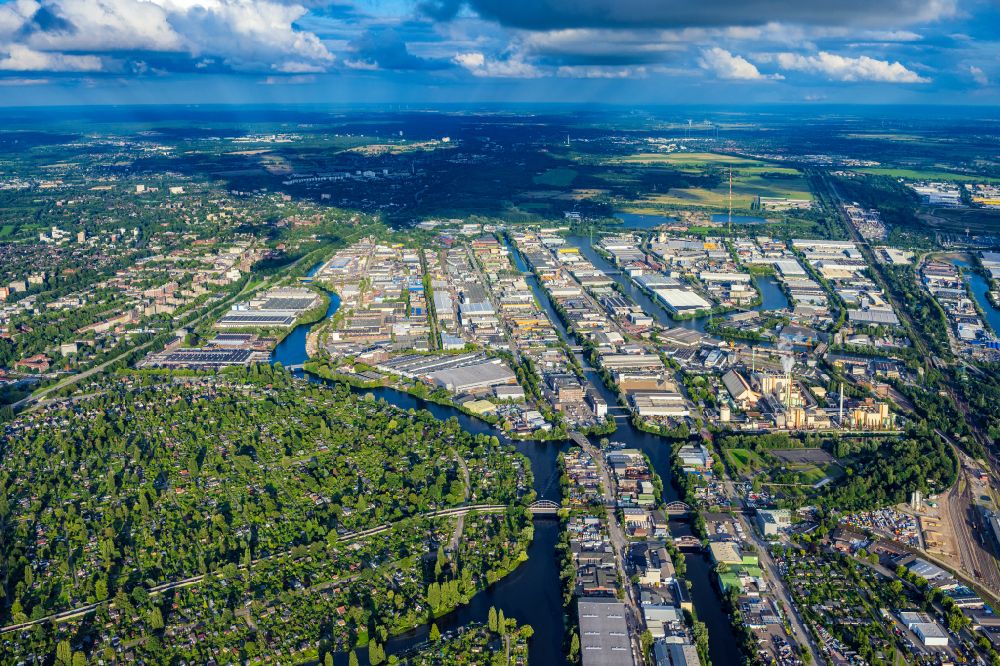 Hamburg from above - Industrial and commercial area Liebigstrasse - Moorfleeter Strasse - Ring 2 - Werner-Siemens-Strasse in the district Billbrook in Hamburg, Germany