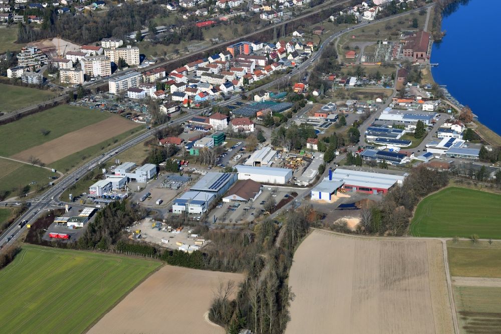 Aerial image Waldshut-Tiengen - Industrial and commercial area Liedermatten at the Rhine river in Waldshut-Tiengen in the state Baden-Wurttemberg, Germany
