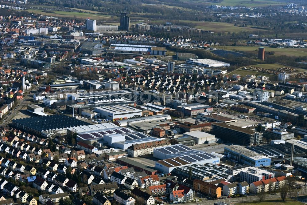 Ludwigsburg from above - Industrial and commercial area Groenerstrasse, MANN+HUMMEL in Ludwigsburg in the state Baden-Wuerttemberg, Germany