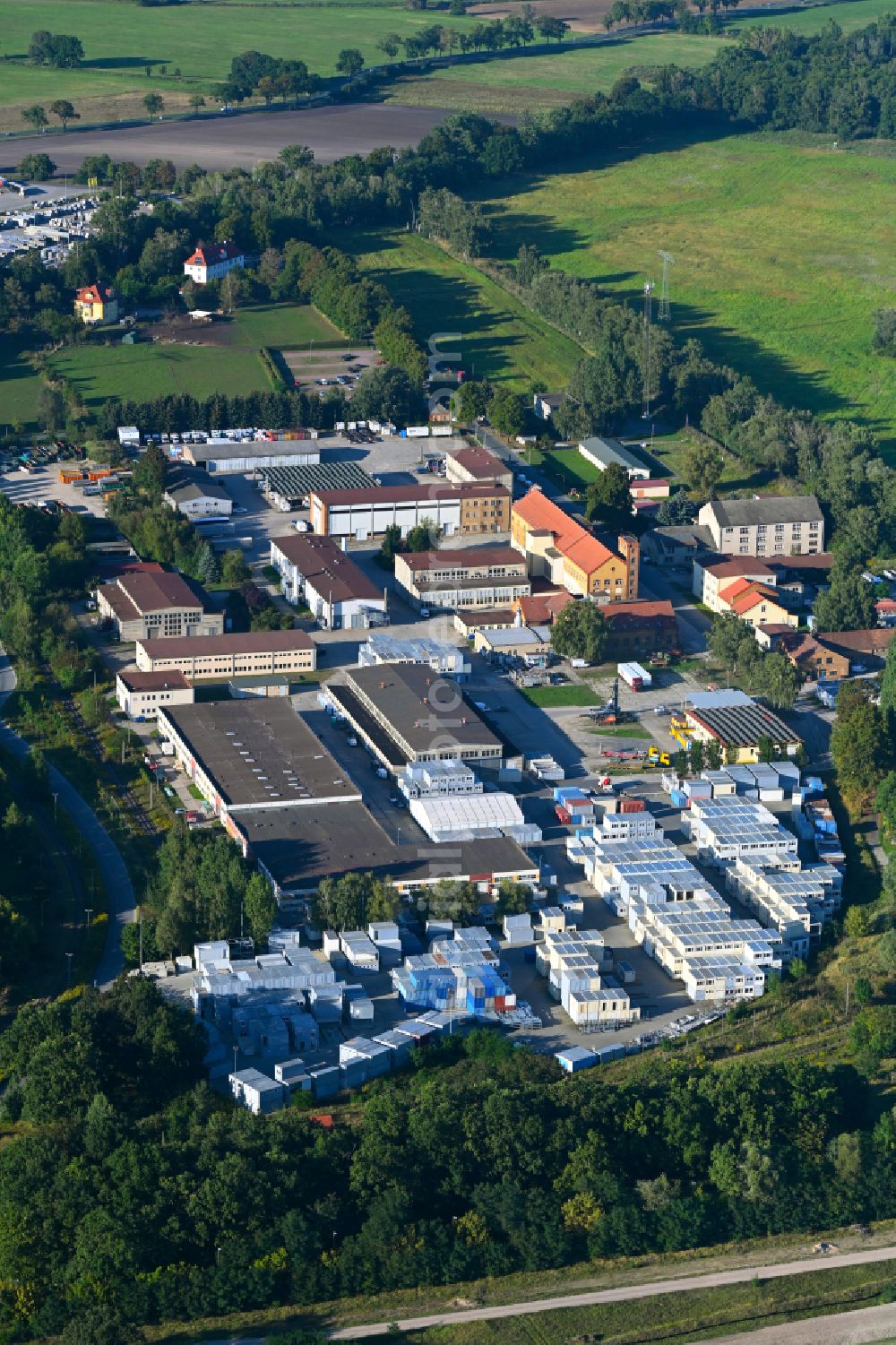 Mittenwalde from above - Industrial and commercial area on street Am Kanal in the district Telz in Mittenwalde in the state Brandenburg, Germany