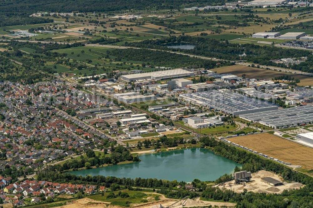 Muggensturm from above - Industrial and commercial area on A5 with IHLE tires GmbH in Muggensturm in the state Baden-Wuerttemberg, Germany