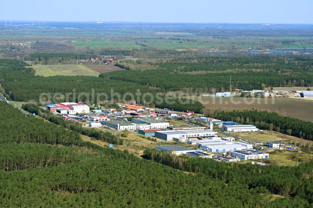 Aerial image Neustadt-Glewe - Industrial and commercial area on street An der Autobahn in Neustadt-Glewe in the state Mecklenburg - Western Pomerania, Germany