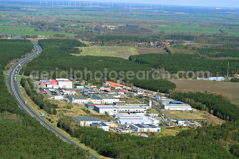 Neustadt-Glewe from above - Industrial and commercial area on street An der Autobahn in Neustadt-Glewe in the state Mecklenburg - Western Pomerania, Germany
