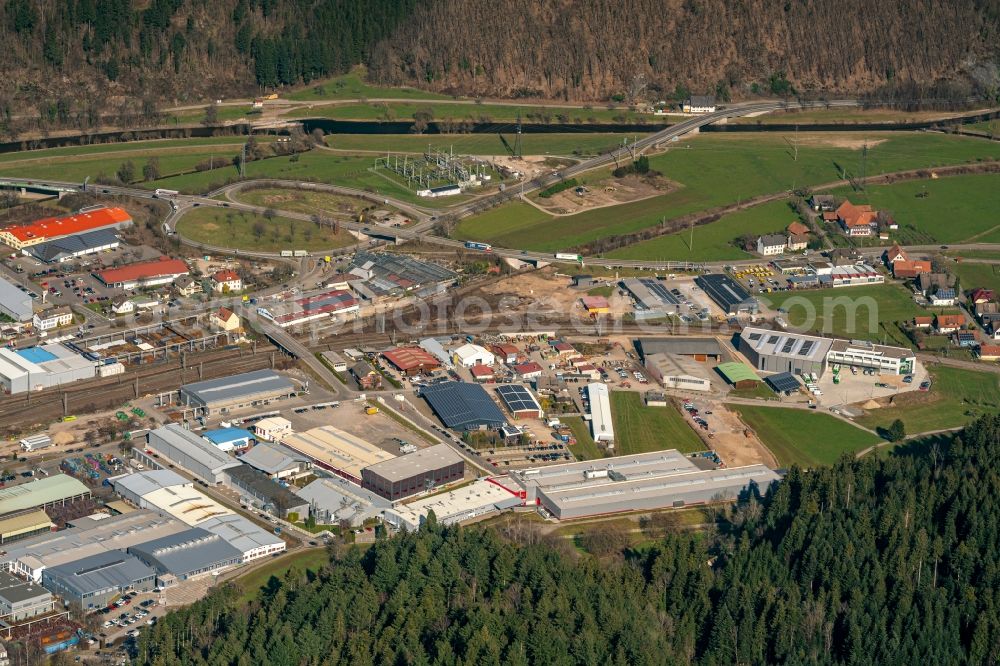 Hausach from above - Industrial and commercial area and Ortsatsansicht von Hausach in Kinzigtal in Hausach in the state Baden-Wuerttemberg, Germany