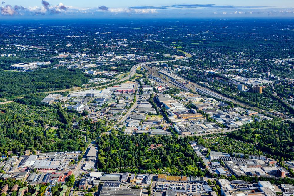 Aerial image Hamburg - Industrial and commercial area on street Rondenbarg - Schnackenburg in the district Bahrenfeld in Hamburg, Germany