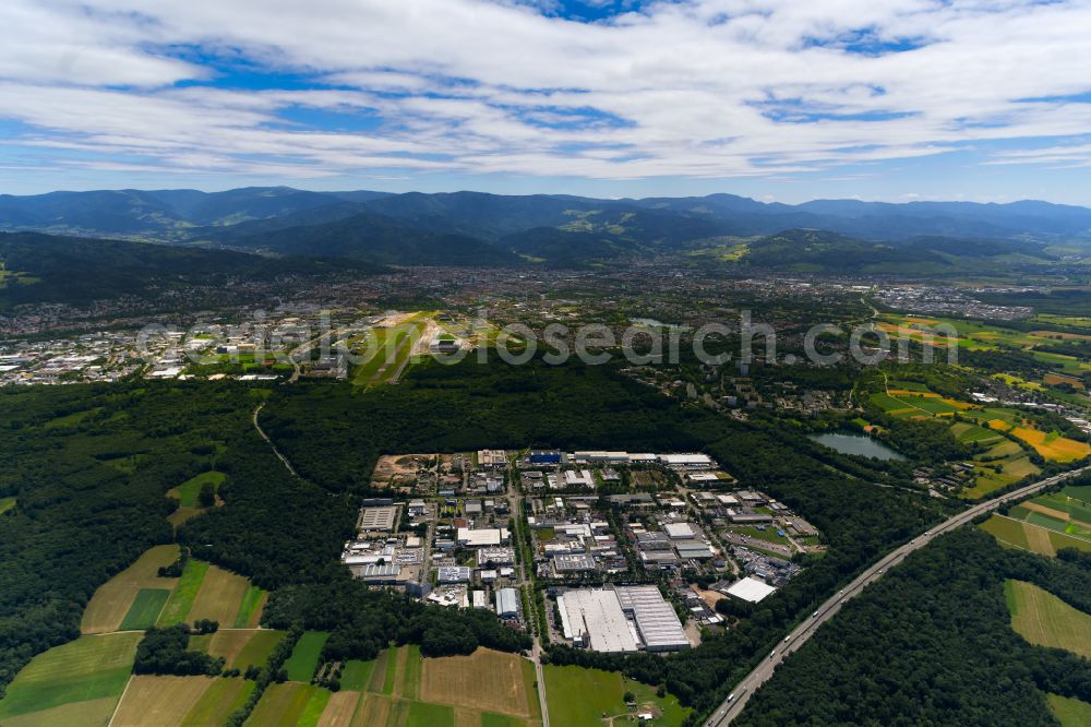 Aerial image Freiburg im Breisgau - Industrial and commercial area Hochdorf in the district Hochdorf in Freiburg im Breisgau in the state Baden-Wurttemberg, Germany