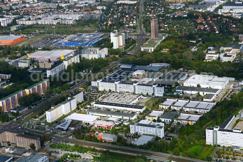Berlin from the bird's eye view: Industrial and commercial area Rhinstrasse - Alle of Kosmonauten in the district Marzahn in Berlin, Germany